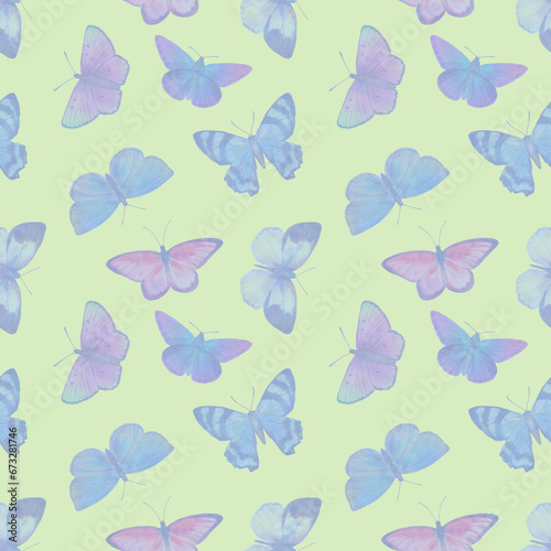 delicate butterflies of blue color isolated on light green background  seamless pattern