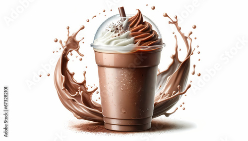 An iced chocolate drink with topped milk and powder coffee in plastic cup and ice water dropped on the surface, iced chocolate splash twist around the cup