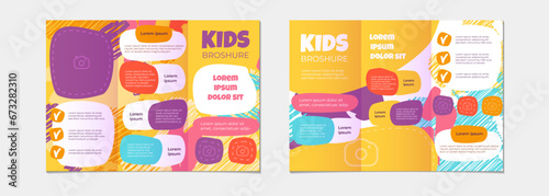 Cute creative kids multi colored cover design for advertising brochure with children pattern and abstract shapes. Corporate trifold brochure layout. Vector design