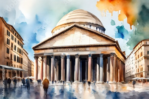 An illustration of the Pantheon in Rome, Italy, with a touch of watercolor
