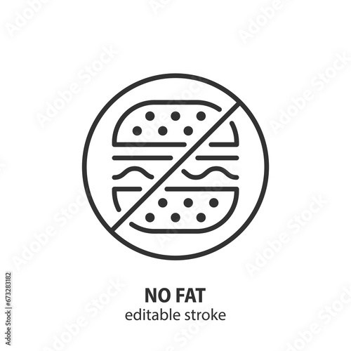 No fast food line icon. Ban unhealthy meal. Prohibition of fatty food. Burger vector symbol. Editable stroke.