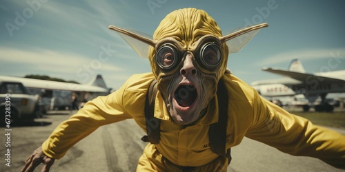 a man wearing a yellow suit and goggles and mouth open standing in a parking