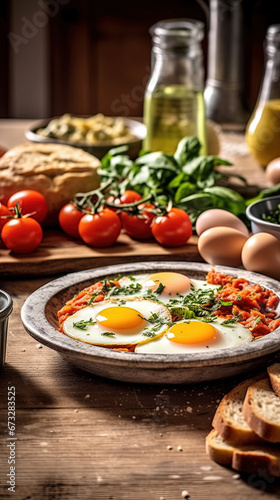 Top View of Italian mediterranean breakfast on Blurry Background