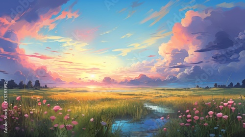 Beautiful landscape background. Cartoon summer sunrise with clouds, field, mountain and sunshine. Anime style #673283992