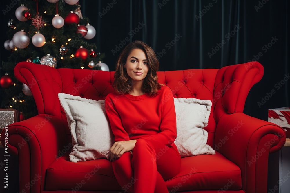 Elegant Woman in Red Enjoying Christmas Eve Elegant Woman in Red Enjoying Christmas Eve
