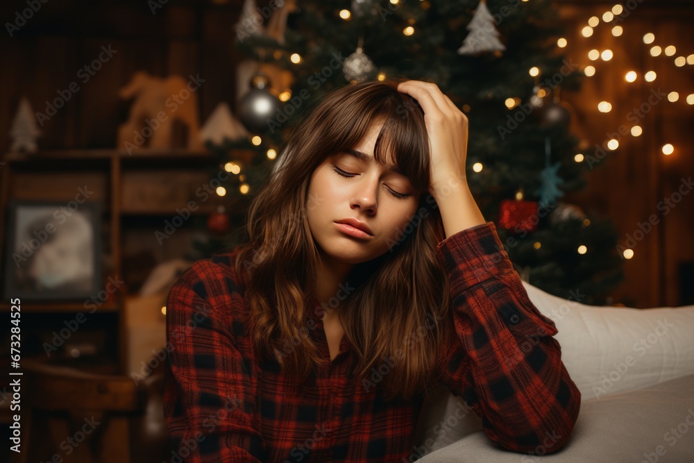 Cozy Holiday Scene: Woman in Plaid Shirt by Christmas Tree