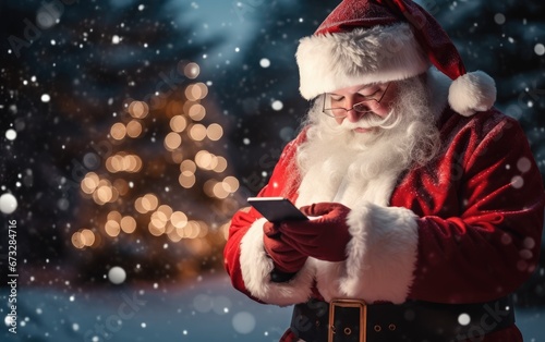 Santa claus is searching Christmas gifts through the mobile phone © piai