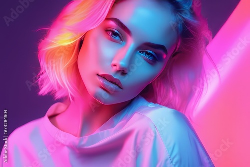 beautiful woman in blue neon light.beautiful woman in blue neon light.beautiful woman with pink hair and glowing makeup posing with neon lights in studio © Shubham