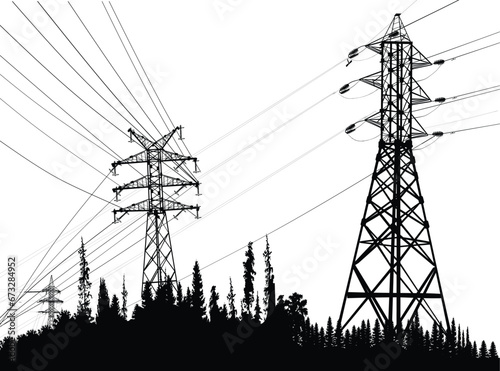 electric towers group in forest isolated on white background