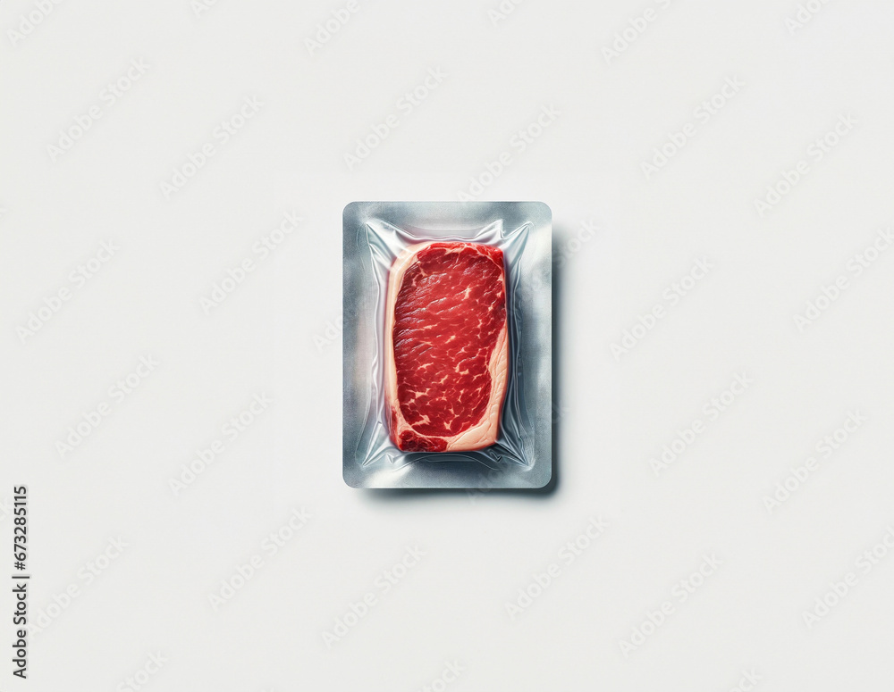 Vacuum-Sealed Raw Beef Steak Fillet in Clear Plastic Packet - Aerial View Vacuum-Sealed Raw Beef Steak Fillet in Clear Plastic Packet - Aerial View