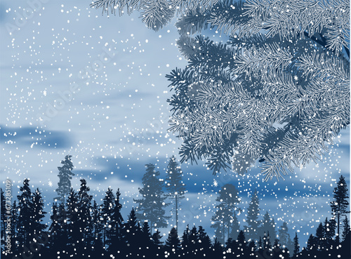 cyan lush pine branch on blue