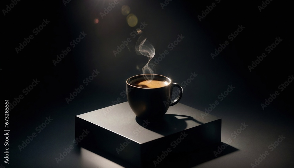 a minimalist scene featuring a black coffee in a matte black cup on a black background