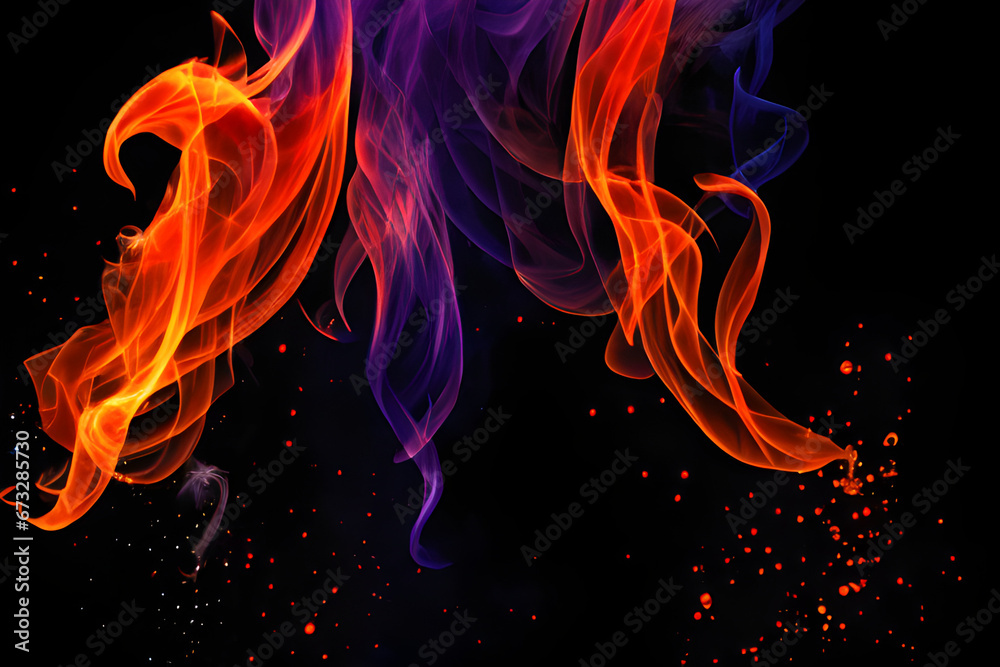 Abstract orange and purple fire flame and smoke with swirls and twist ...