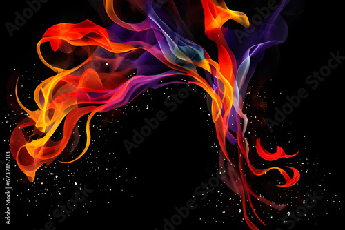 Abstract colorful fire flames and smoke with swirls and twist on black background contemporary modern theme