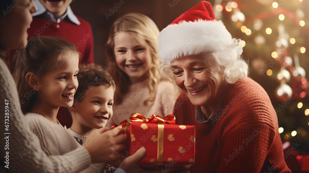 grand mother with her kids celebrating Christmas grand mother with her kids celebrating Christmas