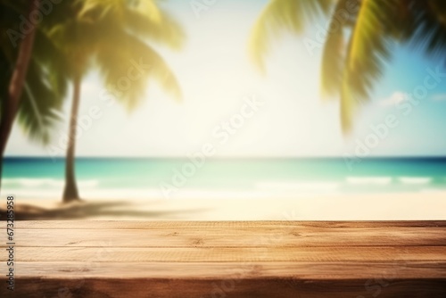 Empty wooden table on a beautiful blured tropical beach background. Summer holiday background for product display, Generative AI