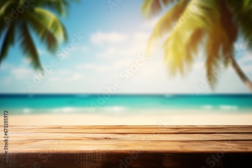 Empty wooden table on a beautiful blured tropical beach background. Summer holiday background for product display, Generative AI