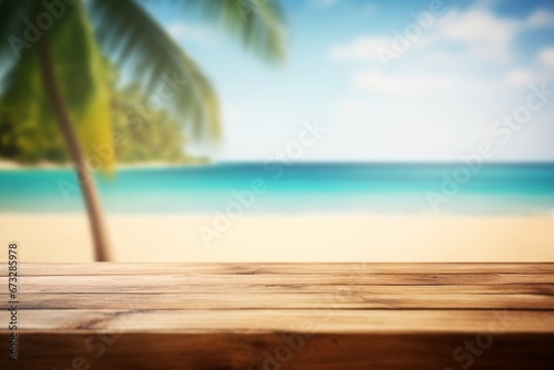 Empty wooden table on a beautiful blured tropical beach background. Summer holiday background for product display  Generative AI