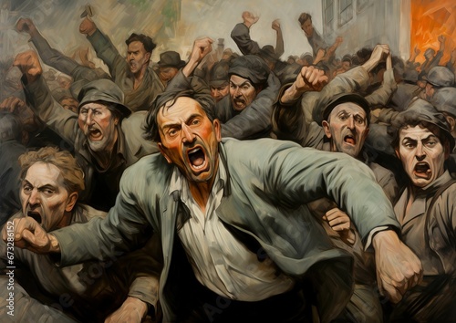 AI generated illustration of an oil painting of a scene of chaos, with a central figure screaming