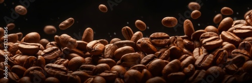 Flying coffee beans background. Close-up brown coffee beans banner. Closeup coffee grains background  Generative AI