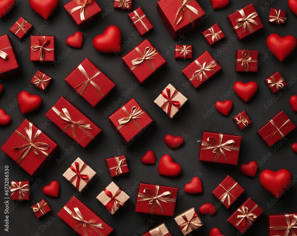 Red gift box with heart form on black background. Generative AI Red gift box with heart form on black background. Generative AI