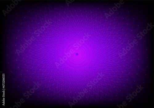 Abstract graphic design of purple spiral with lines and dots on dark backgroud. Vector illustrator. Technology concept.