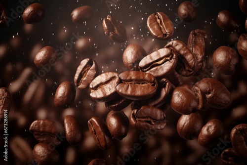 Flying coffee beans background. Close-up brown coffee beans banner. Closeup coffee grains background  Generative AI