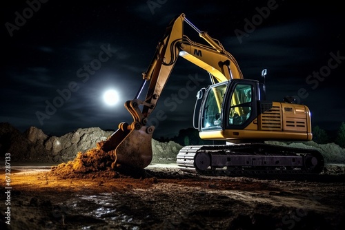 Nighttime construction, excavator digs soil. Generative AI