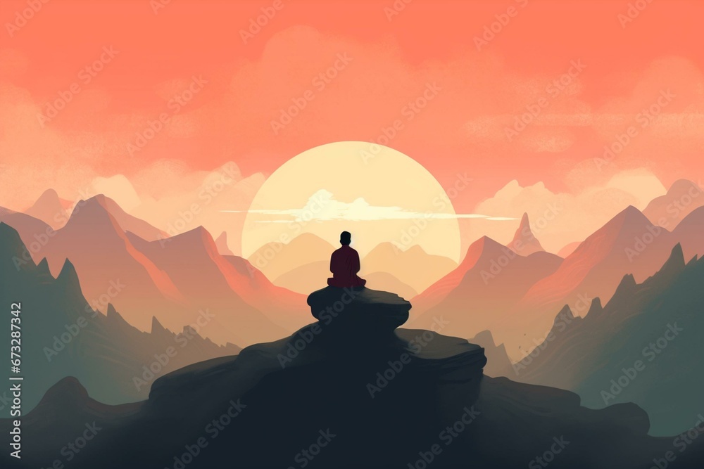 illustration of a person meditating on top of a mountain. Generative AI