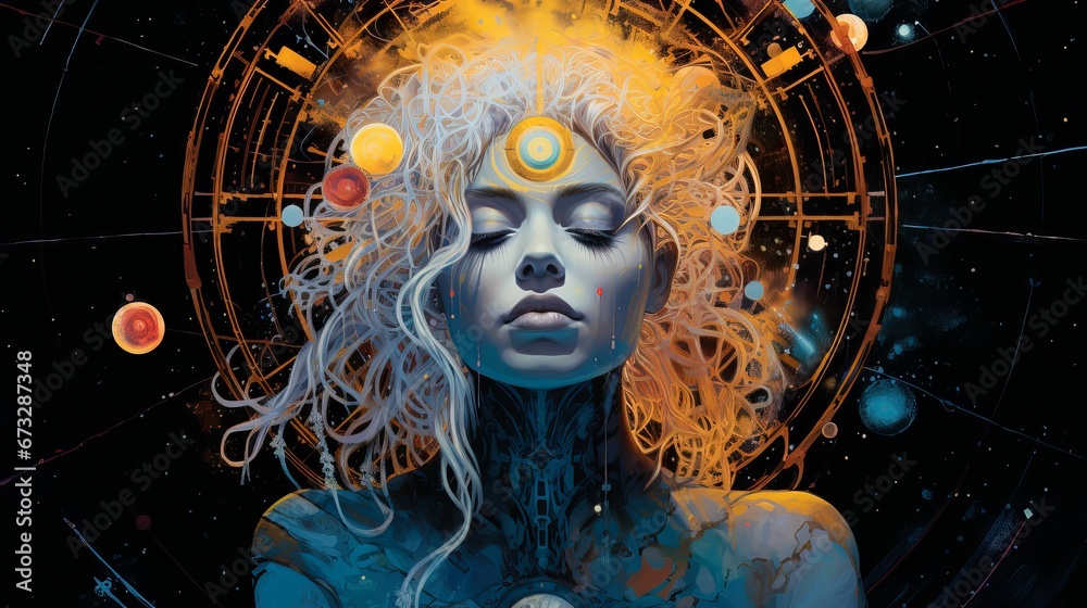 Φωτογραφία AI generated illustration of a vibrant painting of a woman with planets in the b