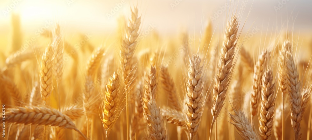 Fototapeta premium Agriculture harvest background landscape panorama - Closeup of ripe summer grain wheat field, wheat ears, blue sky and sunshine