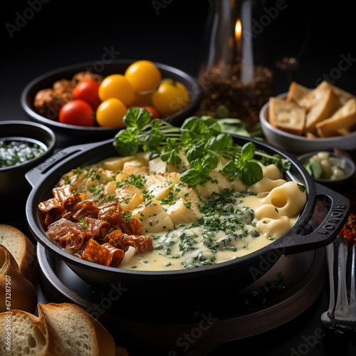 Three-Cheese Fondue on Blurry Background