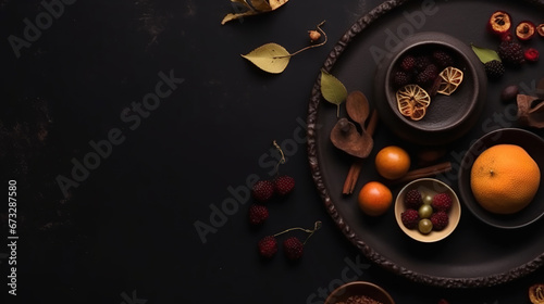 Top View of Luxury Restaurant Food Dish on Gray Concrete Background With Copy Space