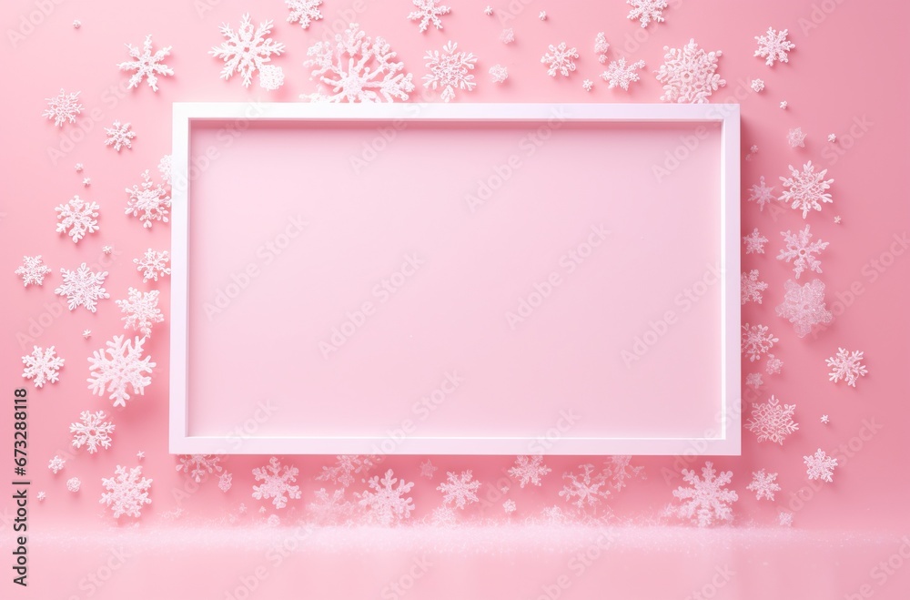 Pink Christmas Background with Snowflakes Frame