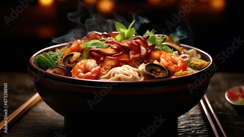 Japanese Noodles with Seafood on Selective Focus Background