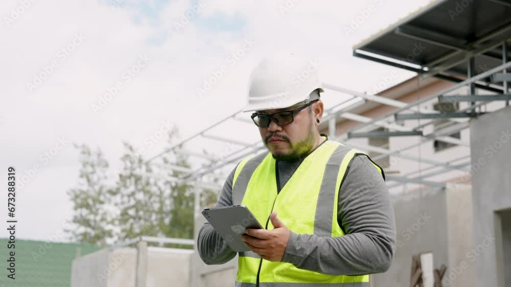 Engineer manager foreman young Asian worker architect designer Wear white safety helmet Thinking about checking the work queue of housing project on tablet outside the building that not yet finished. Engineer manager foreman young Asian worker architect designer Wear white safety helmet Thinking about checking the work queue of housing project on tablet outside the building that not yet finished.