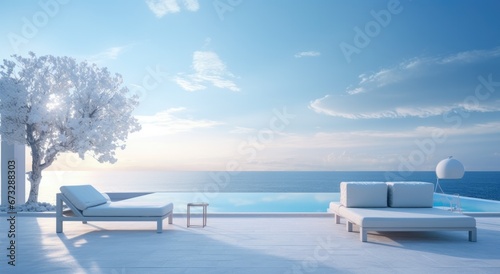 Furniture and beach luxury home with sky-blue, tranquil gardenscapes, poolcore. © Goojournoon