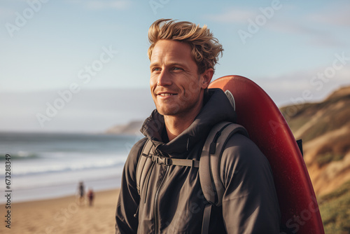 Surfer man with his board on his back watching the sea and smiling.