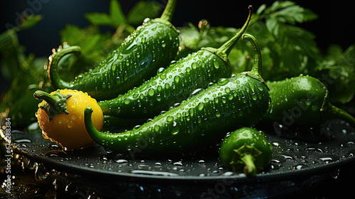 Water Drop on Group of Green Chili Peppers with Green Leaves in Bowl Background Selective Focus