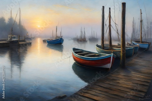 A misty harbor at dawn, fishing boats bobbing on calm waters