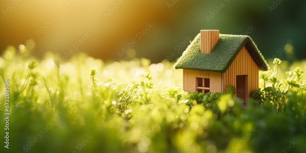 Eco house. Green and environmentally friendly housing concept. Miniature wooden house in spring grass, moss and ferns on a sunny day, Generative AI