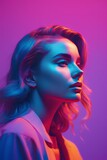 beautiful young woman with short hair in neon lights beautiful young woman with short hair in neon light fashion portrait with neon light. young woman with colorful gradient in neon light.