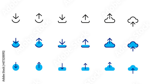 Download and upload icon buttons set. Download and upload icon. Files download and upload icons symbol in line and flat style on white background. Vector illustration
