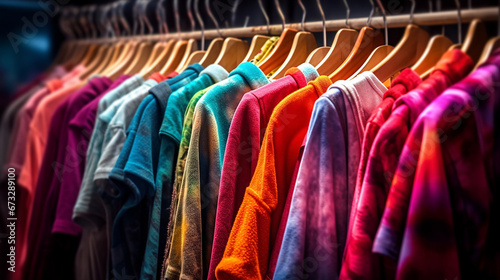 Mix of fashion clothes of different color and style in a hanger in a store against a solid color background