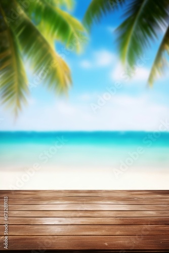 Empty wooden table on a beautiful blured tropical beach background. Summer holiday background for product display  Generative AI