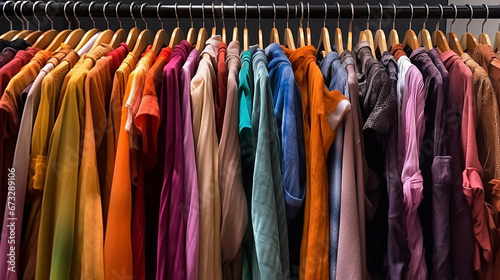 Mix of fashion clothes of different color and style in a hanger in a store against a solid color background