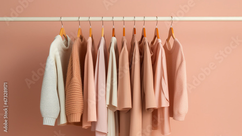 Mix of fashion clothes of different color and style in a hanger in a store against a solid color background © nanihta
