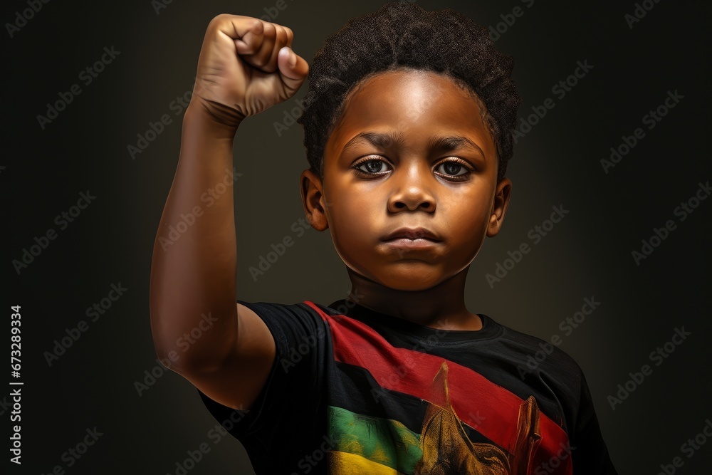 An AfricanAmerican boy with a raised fist is seeking justice. Black