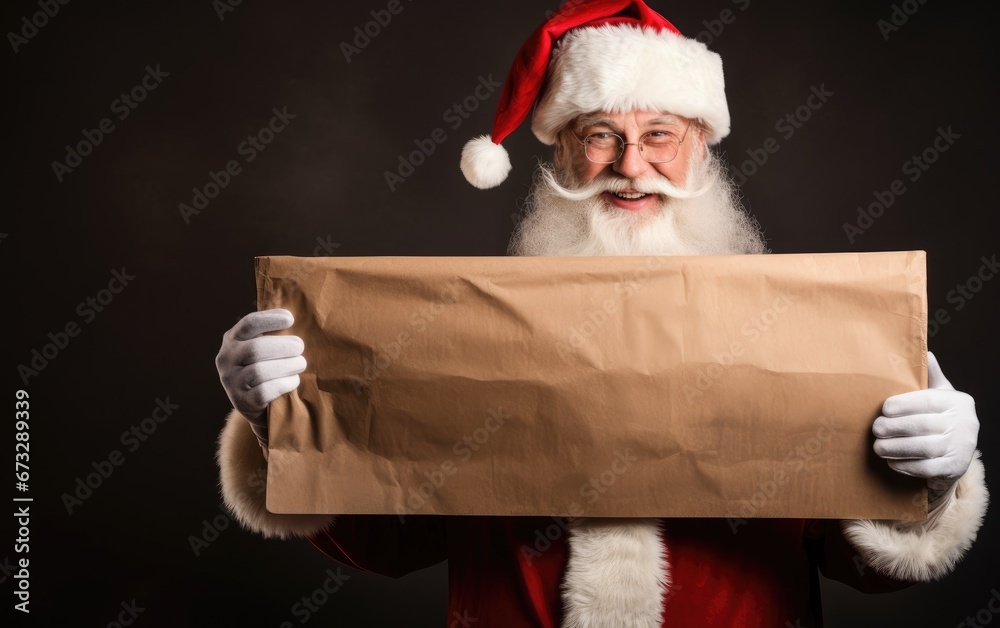 Naklejka premium Santa claus is holding a blank cardboard sign, space for text