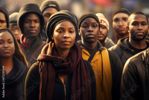 A crowd of African Americans at a protest rally seeking justice. Black History Month. © Alexandr